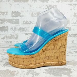 New NINE WEST Women's Rapps3 Blue Strappy Wedge Sandal O806